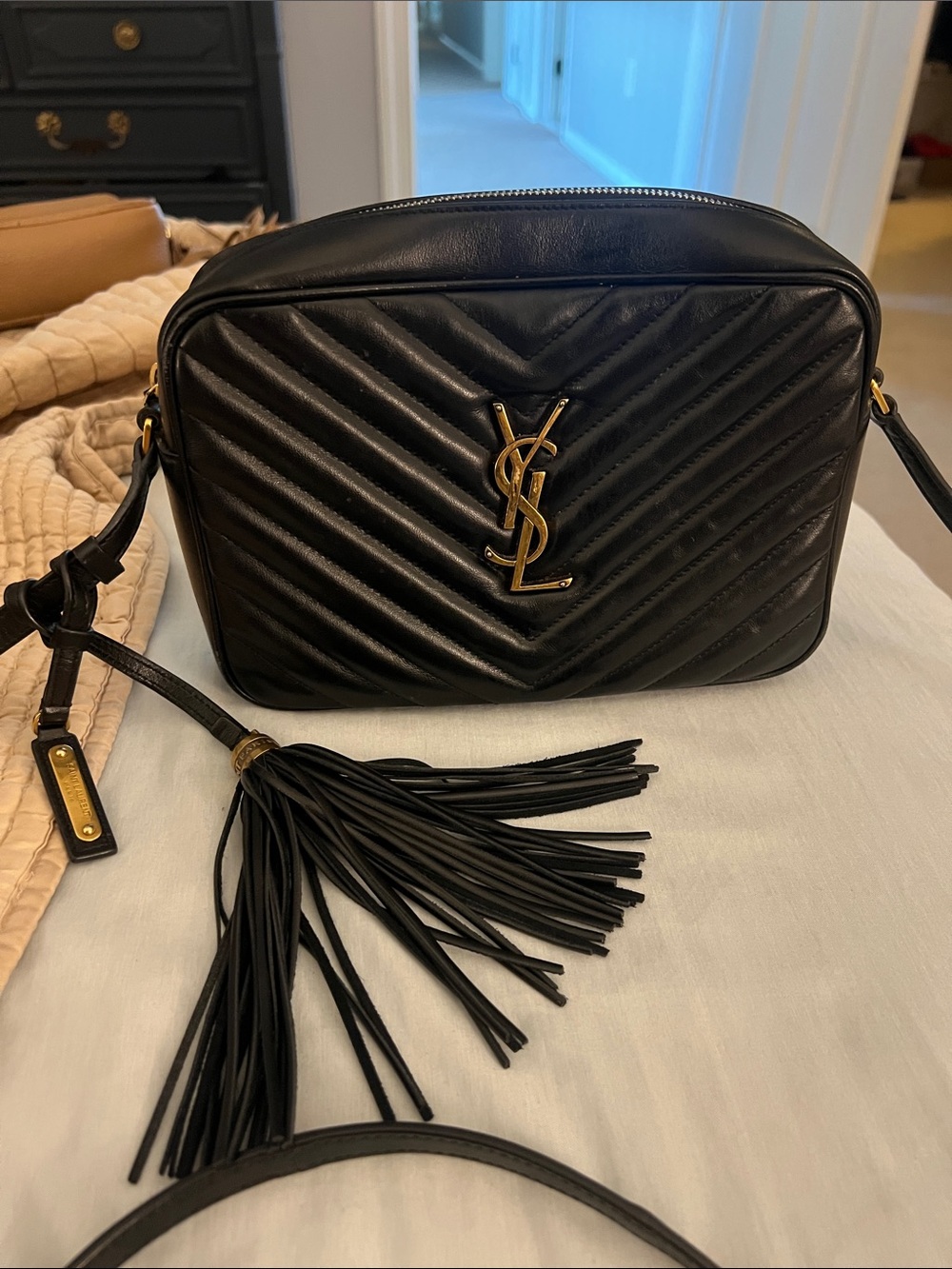 Saint Laurent Black Quilted Leather Crossbody Camera Bag with Tassel